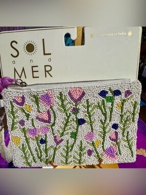 NWT Sol & Mer Abstract Floral Collage Zipper Pouch Pink White